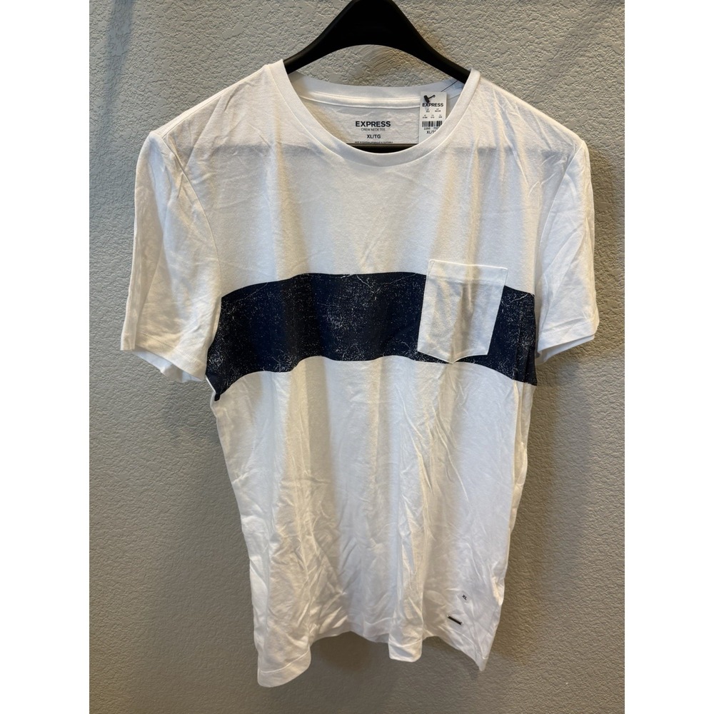 Express Crew‎ Neck Colorblock White Navy XL Men's Cotton Pocket Short Sleeve Tee